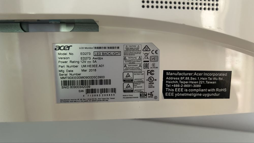 Monitor Curvo Acer ED273 27” Full HD