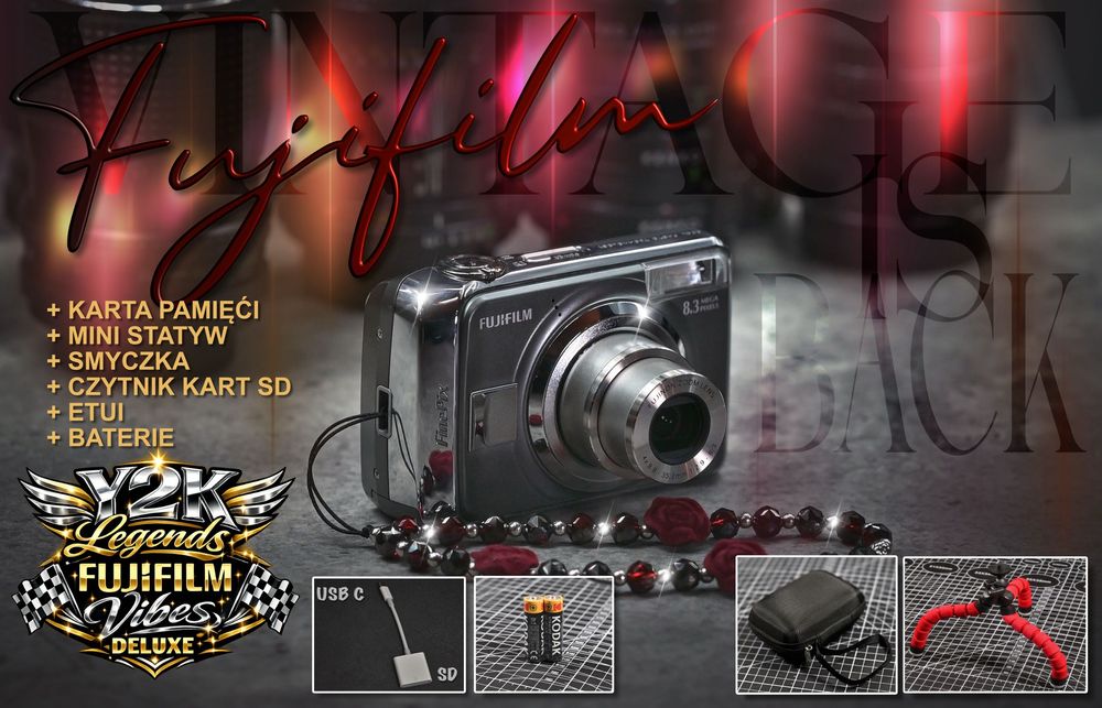 Vintage Y2K Digicam Digital Cyfra CCD digitalny cyfrowy aparat kompaktowy SuperCCD Fujifilm Rose + Statyw. Czytnik kart SD, etui, baterie, 1 GB SD