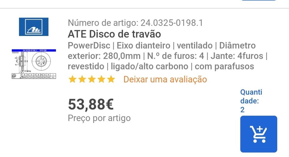 Discos travão Opel 280mm ATE 4 furos