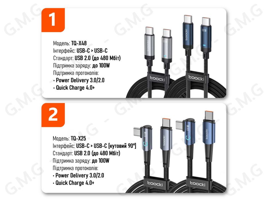 Кабелі TOOCKI USB-C/USB-А/Lightning, 20W/36W/66W/100W/240W, 1м/2м/3м