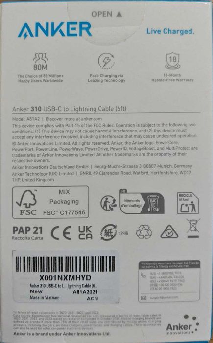 Кабель Anker 310 USB-C to Lightning 1.8 м білий