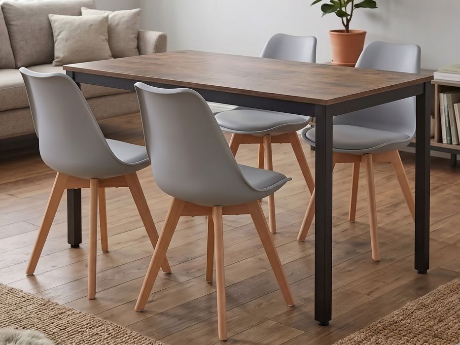 NOWY Stół z 4 Krzesłami z Poduszką Loft 120x60 Biały Dąb Sonoma Dąb Postarzany Krzesła Skandynawskie Białe Szare Czarne Kuchnia Jadalnia FAKTURA!