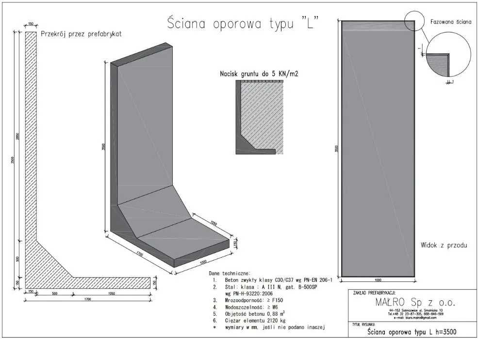 Mur oporowy typu L, mury oporowe elki 350x100 prefabrykat muru