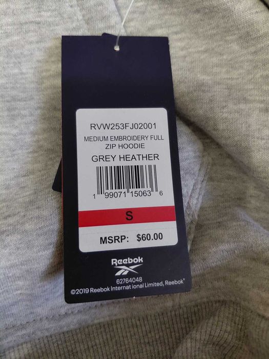 Знижка ! Жіноча кофта худі Reebok на блискавці. Оригінал. З США. Нова. Роз S сіра