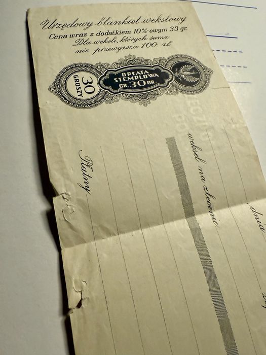 Weksel blankiet urzedow z okresu wojennego