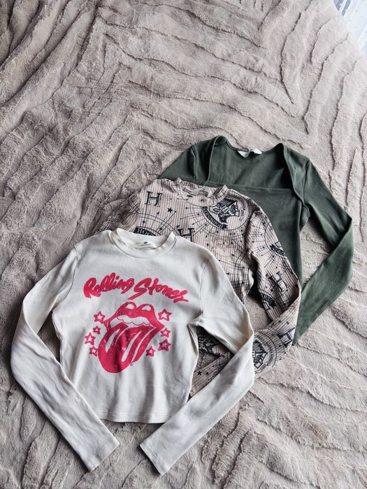 3x prążkowana bluzka z długim rękawkiem H&M 146/152