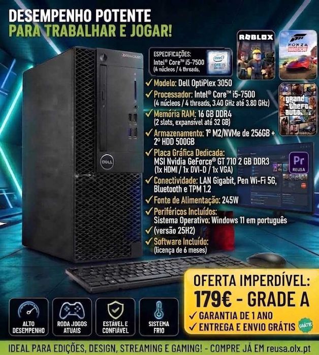 LowGaming DELL Desktop PC 6th Gen | i5-3.2GHz | 16GB | 256GB NVMe + 1TB HDD | GT1030-2GB | 5G WiFi + Bluetooth | Windows 11