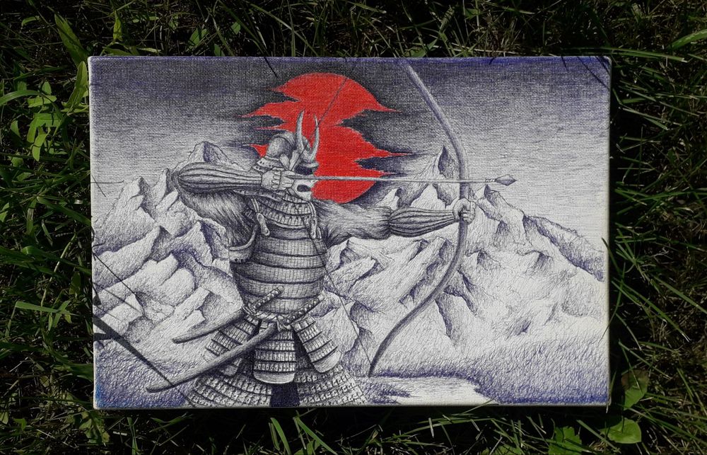 Картина-портрет. Самурай лучник. Картина выполнена гелевыми ручками