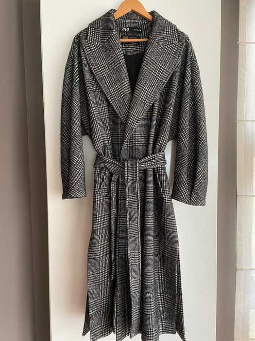 Płaszcz Zara wełna Manteco wełniany pepitka wiązany z paskiem S Nowy