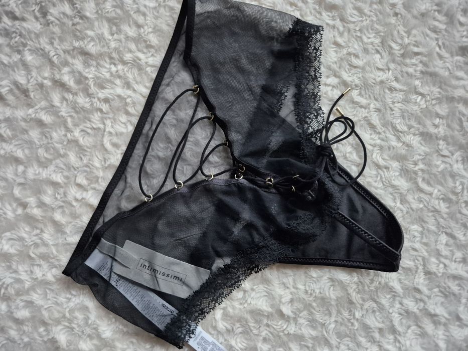 Majtki Intimissimi czarne M koronkowe stringi brazyliany sznurowane
