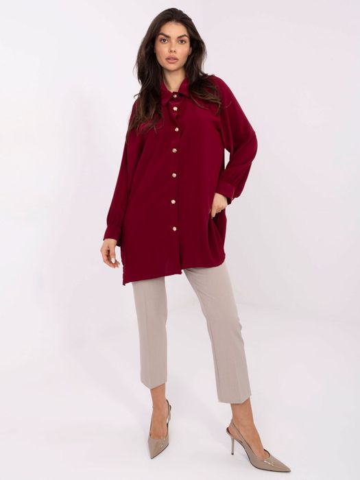 Koszula damska bordowa długa oversize z bufiastym rękawem