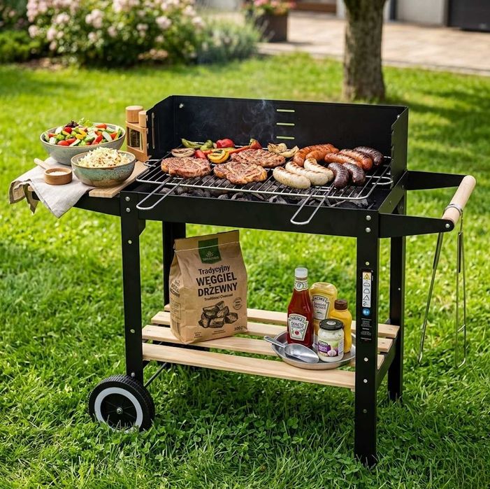 Grill Węglowy Ogrodowy Na Kółkach NOWY Półki Duży 5w1 Stalowy + GRATIS Rożen