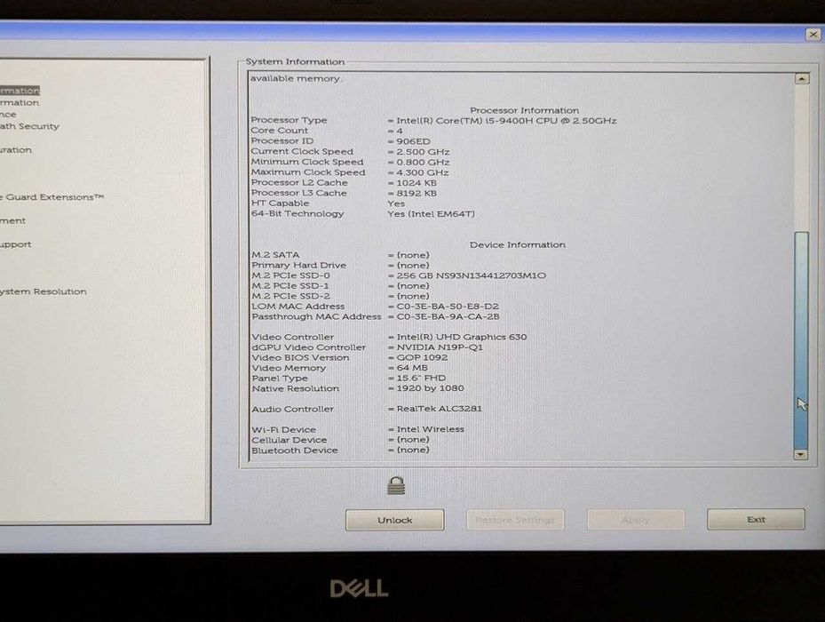 Ноутбук Dell Precision 7540 FHD 256/16GB I5 9400H Nvidia T1000 4GB
