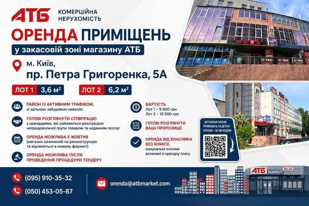 Оренда в АТБ, м. Київ, пр. Петра Григоренка, 5 А, площі 3,6 кв.м та 6,2 кв.м