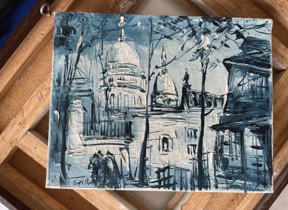 Quadro vintage pintura óleo espátula tons azuis estilo europeu