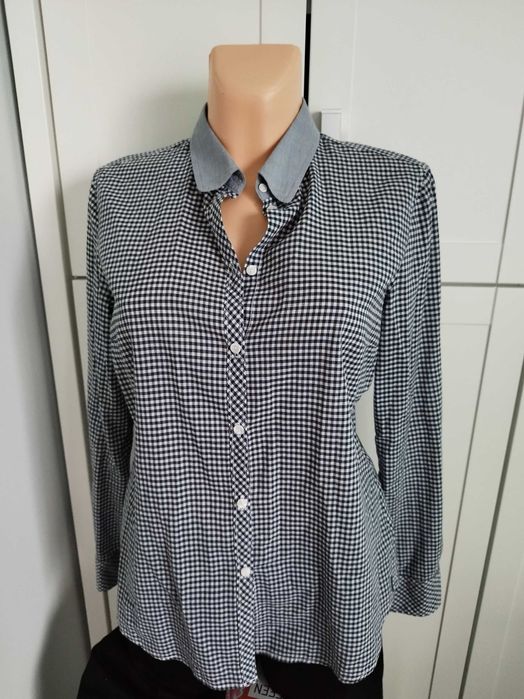 Biała bluzka koszulowa w czarną krateczkę Esprit