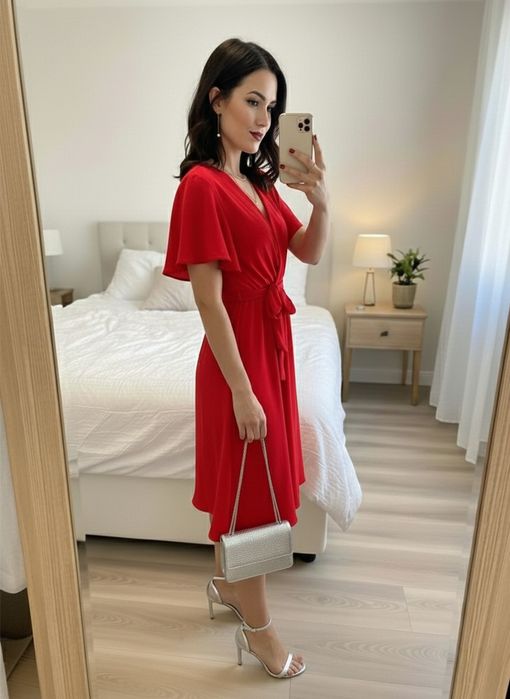 Wyjściowa zwiewna sukienka z kopertowym dekoltem