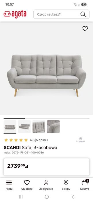 Kanapa scandi Agata meble szara duża 3 osobowa jak nowa