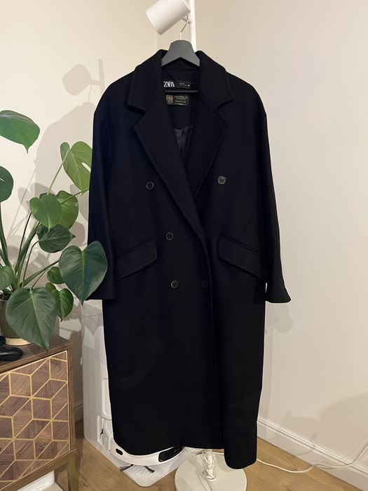 Czarny wełniany płaszcz oversize Zara S M L Manteco 75% wełny