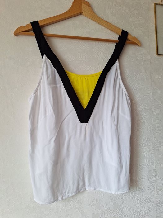 Top koszulka 36 S biała żółta wstawka H&M ramiączka