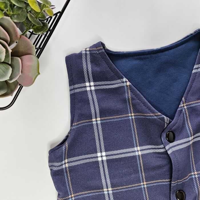 Elegancka chłopięca KAMIZELKA bawełniana granatowa krata garnitur 98