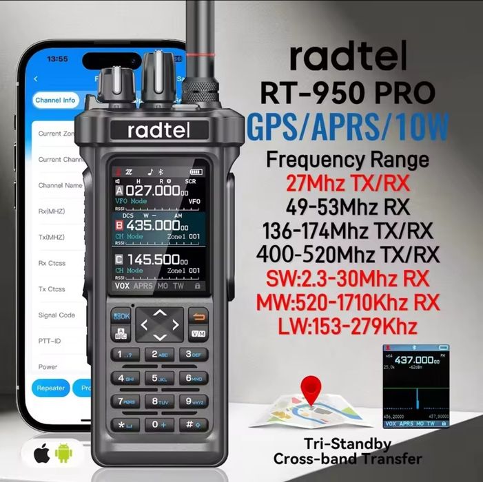 Radiotelefon uhf vhf kf RADTEL RT950 PRO GPS APRS + kabel do programowania