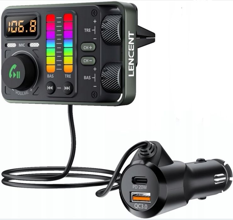 Nadajnik samochodowy Bluetooth 5,3 FM, odtwarzacz Hi-FI Treble & Bass