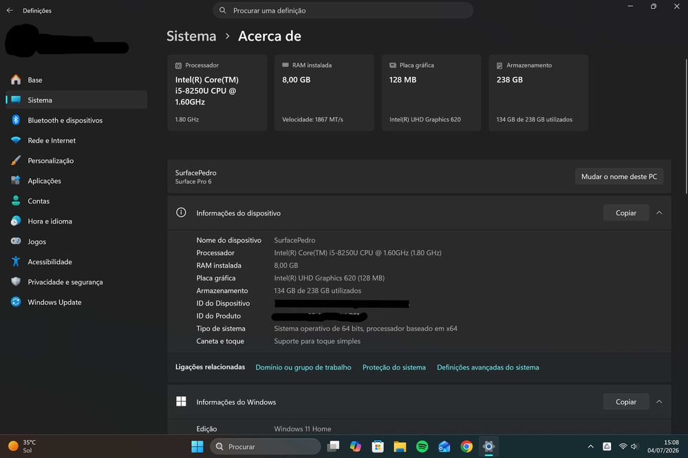 Portátil Microsoft Surface Pro 6 capa Platina | i5 8th Gen | 8GB RAM  | 256GB SSD + 512GB micro SD