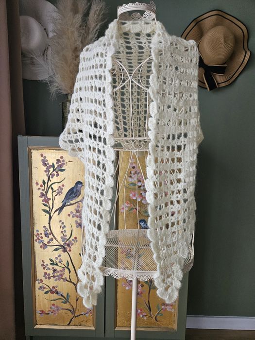 Wełniana Śmietankowa Chusta / szal / etola damska Trójkąt Ażurowy Splo