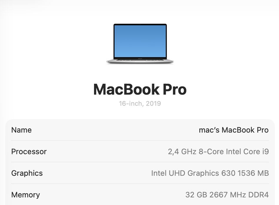 MacBook Pro 16 2019 8-Core i9 32GB RAM 512GB Radeon 4Gb
