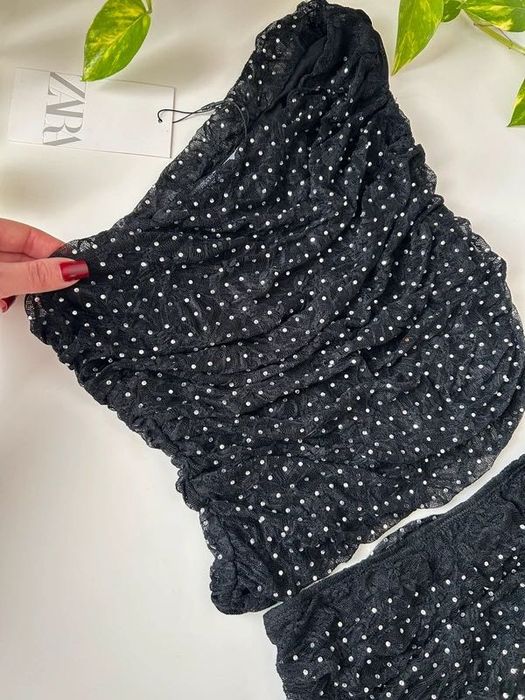 Czarny komplet, drapowany tiul koronka, cyrkonie, top+spódnica, Zara S