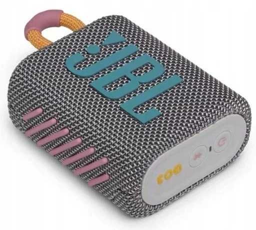 Nowy głośnik Bluetooth JBL GO 3 w kolorze szaro-różowym.
