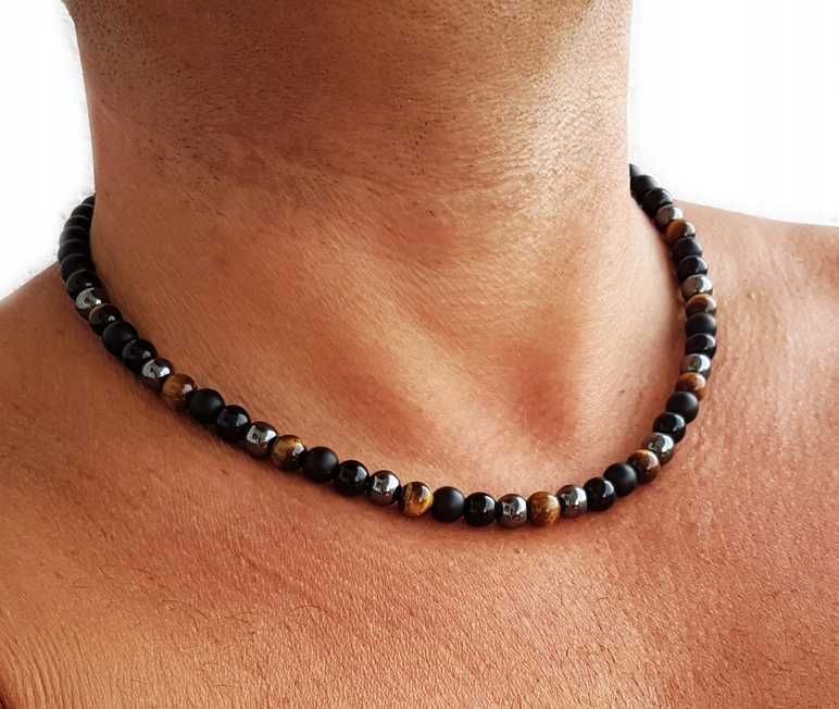 MĘSKI NASZYJNIK  I BRANSOLETKA komplet onyks tygrysie oko hematyt hit