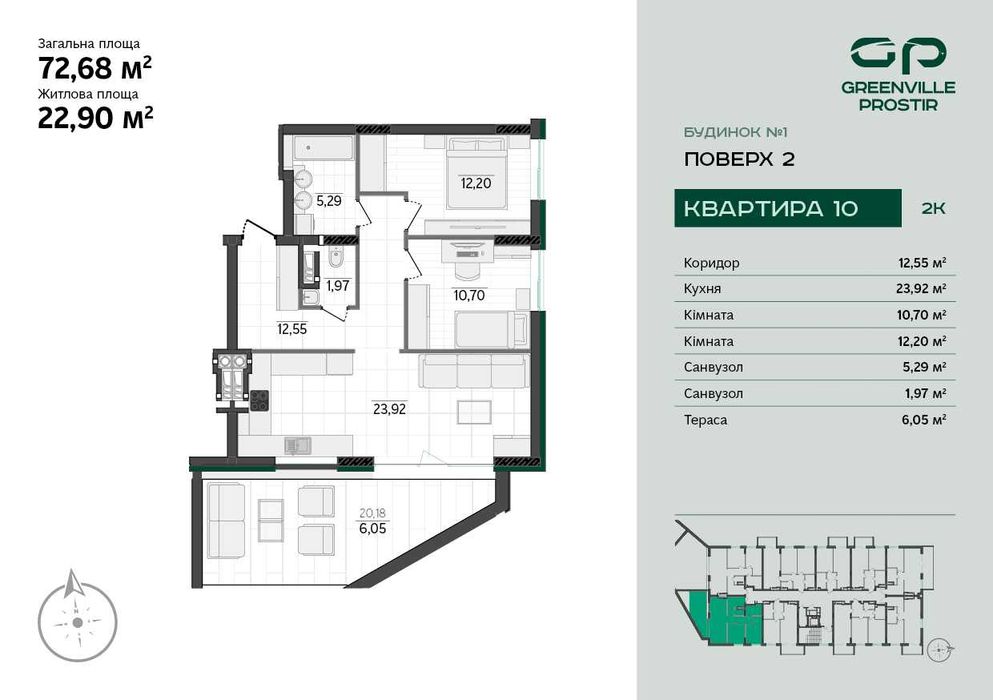 Продаж двокімнатних квартир від 72 м² у ЖК Greenville Prostir
