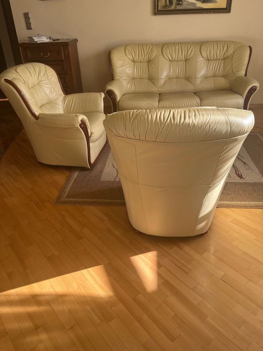 Komplet wypoczynkowy sofa + dwa fotele skóra nayuralna