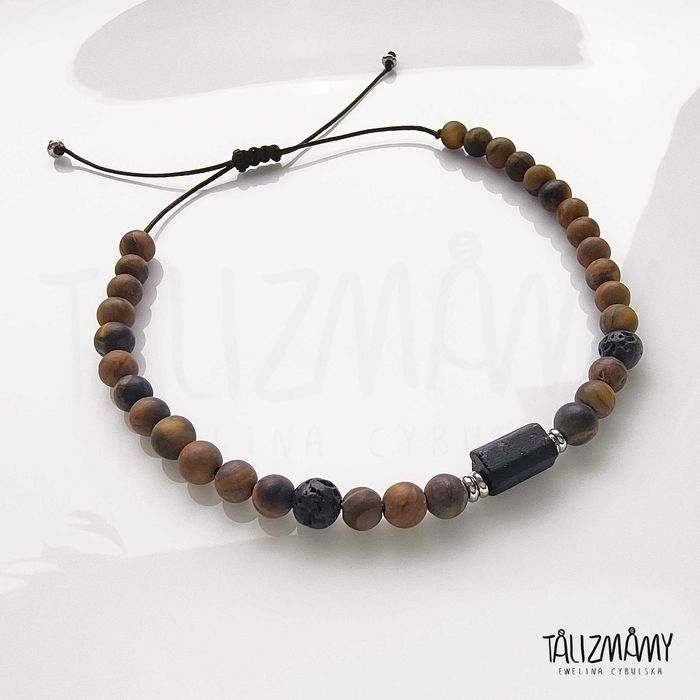 Bransoletka męska handmade kamienie naturalne turmalin tygrysie oko