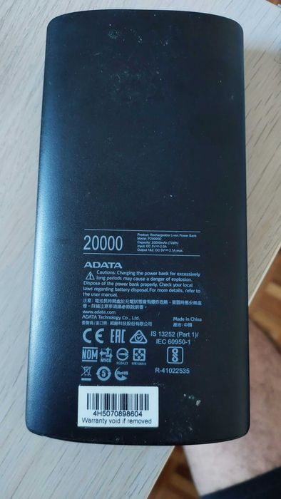 Bateria Powerbank, 2 saídas USB, 1 input MicroUSB ADATA 20.000 mAh,  Porto