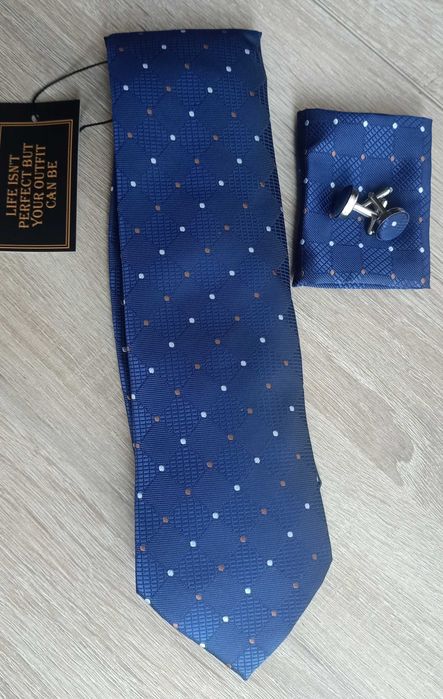 Elegancki Zestaw Krawat Poszetka Spinki Wesele - Niebieski CJ25