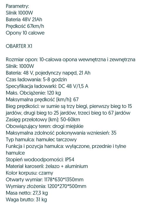 Hulajnoga elektryczna Obarter x1 kukirin