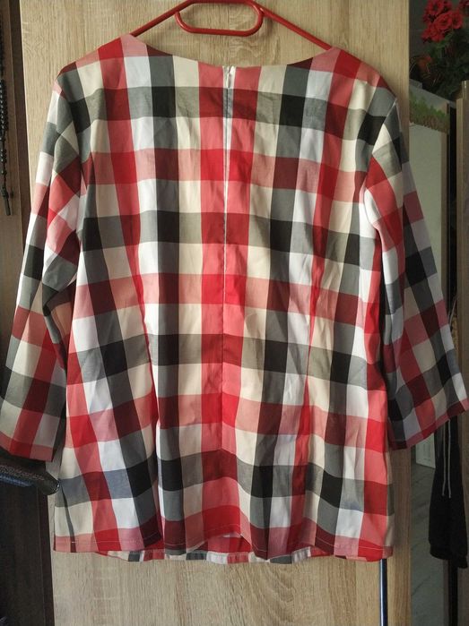 Bluzka Damska Czerwona Kolorowa sweter sweterek rękaw 3/4 kratka krata