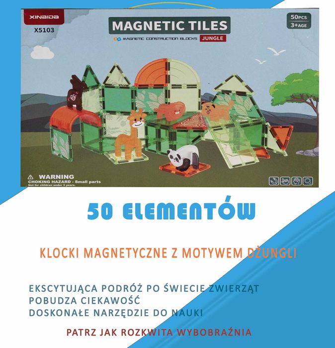 Klocki magnetyczne z motywem ZOO - 50elementów