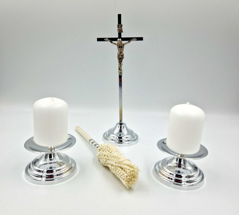 Srebrny zestaw kolędowy, komplet kolędowy, krzyż, lichtarze, świeczki