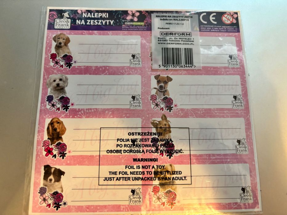 Naklejki na zeszyty, podręczniki z motywem psów i kotów, 16szt. Nowe