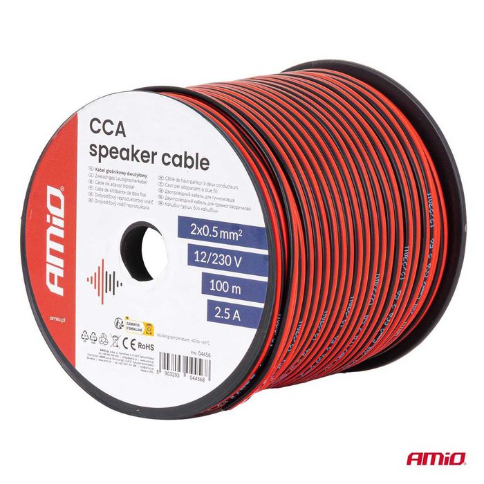 Kabel głośnikowy dwużyłowy CCA 2x0.5mm2 100m 2.5A AMIO-04456