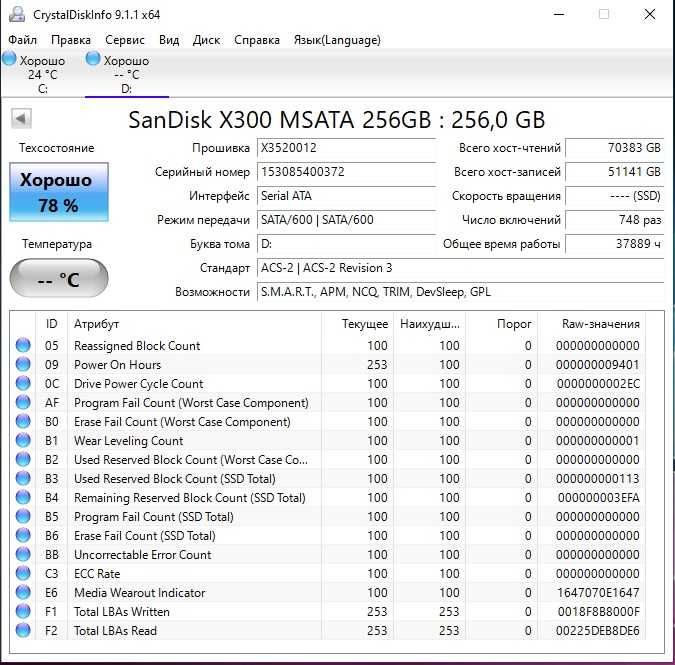 SSD 256gb SanDisk X300. msata sata3 mlc б.у. хорошее состояние.