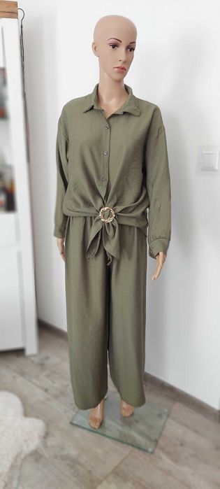 Komplet koszula + spodnie z szeroką nogawką ,khaki, elegancki.