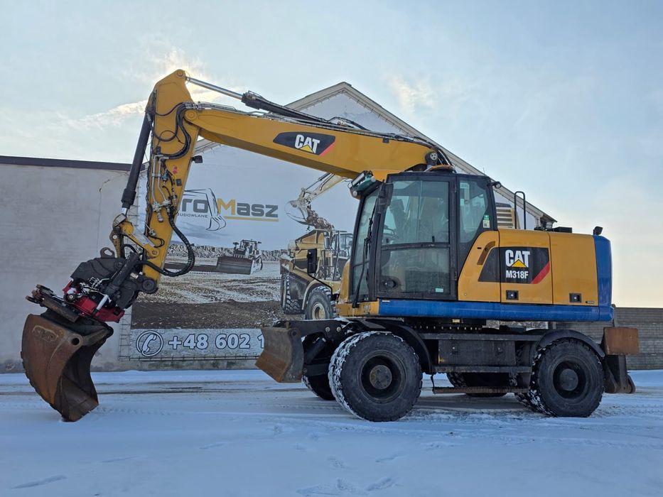 Caterpillar M318F, 2018 ROK, PODPORY + PŁUG, ROTOTILT  głowica z chwytakiem, M318, 3 łyżki, przyczepka /M317F/M316F/M319/M320