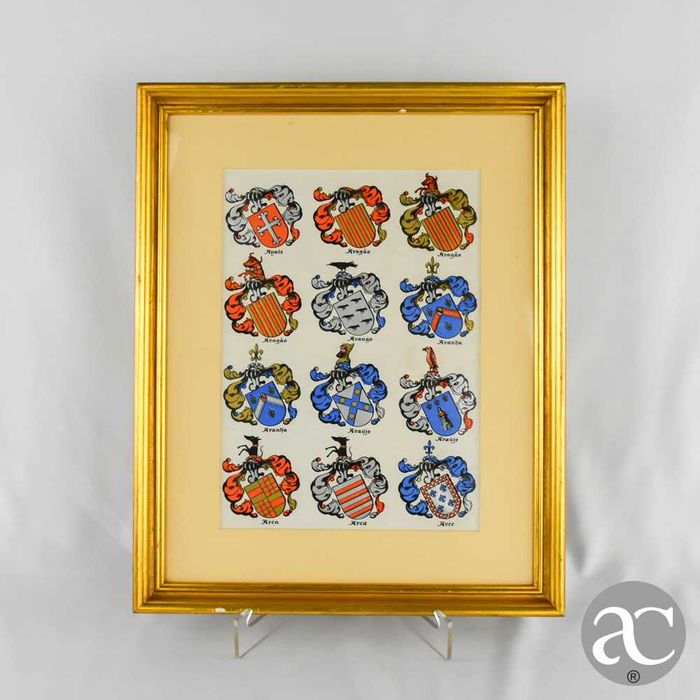 Litografia heráldica emoldurada em madeira dourada e vidro