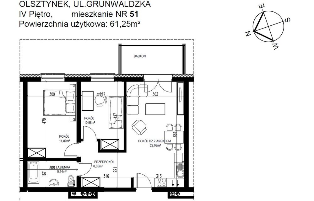 Osiedle Grunwaldzkie. 3 pokoje - 61,25 m2