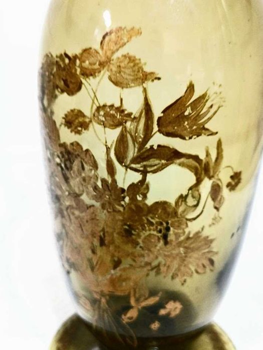 Rara jarra antiga em vidro fumado pintura floral à mão